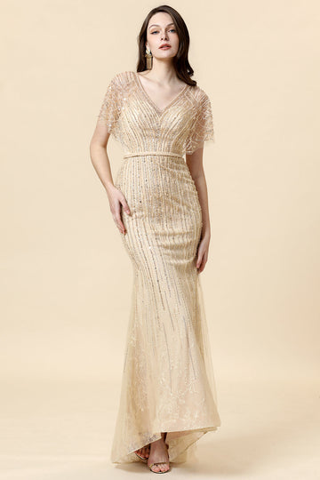 Sirena V Cuello Dorado Vestido de Fiesta
